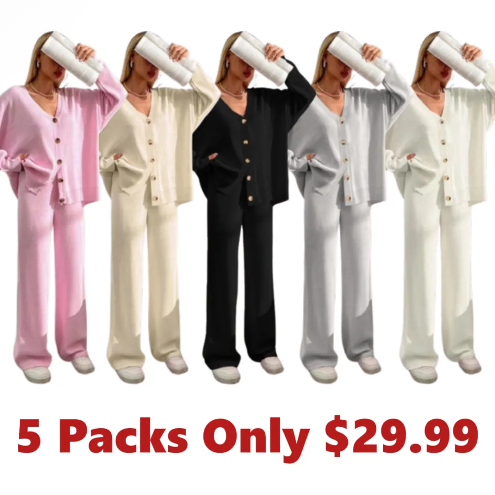 Women's Front Drop Shoulder V Neck Cardigan & Elastic Waist Wide Leg Pants Two-piece Set