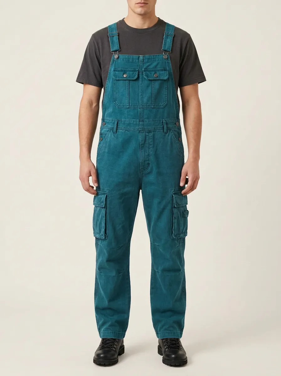 Men's Casual Workwear Washed Grey Cargo Dungarees