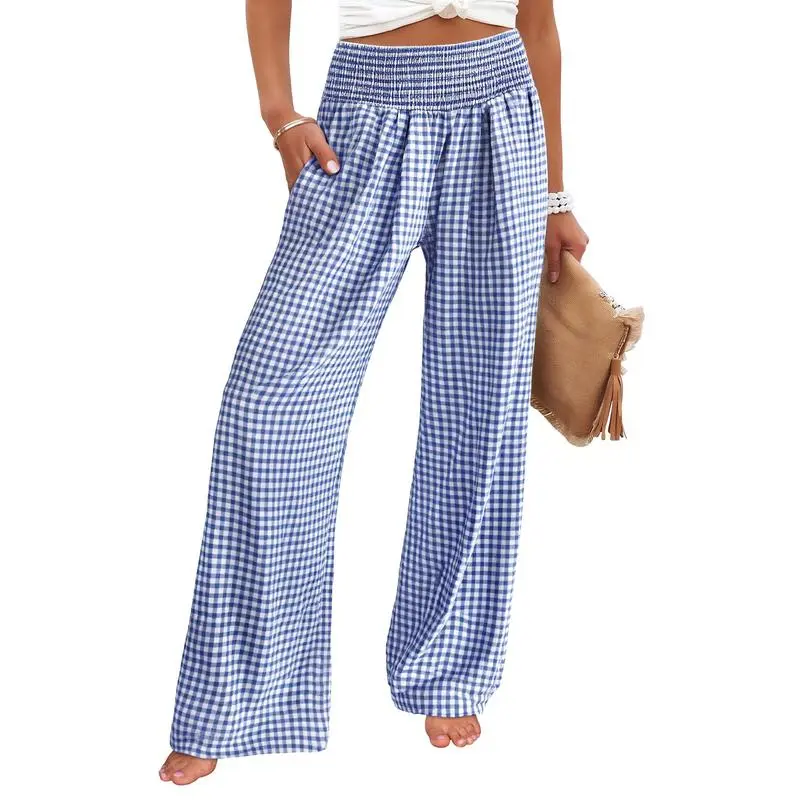 Women's High-Waisted Casual Striped And Checkered Wide-Leg Pants