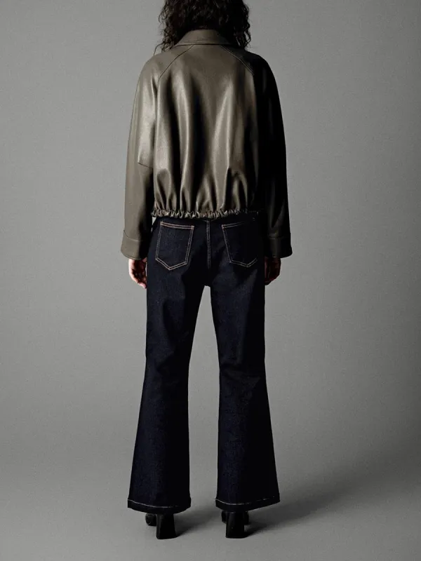 Ladies Black Retro-Style Straight-Waisted Denim Flared Trousers