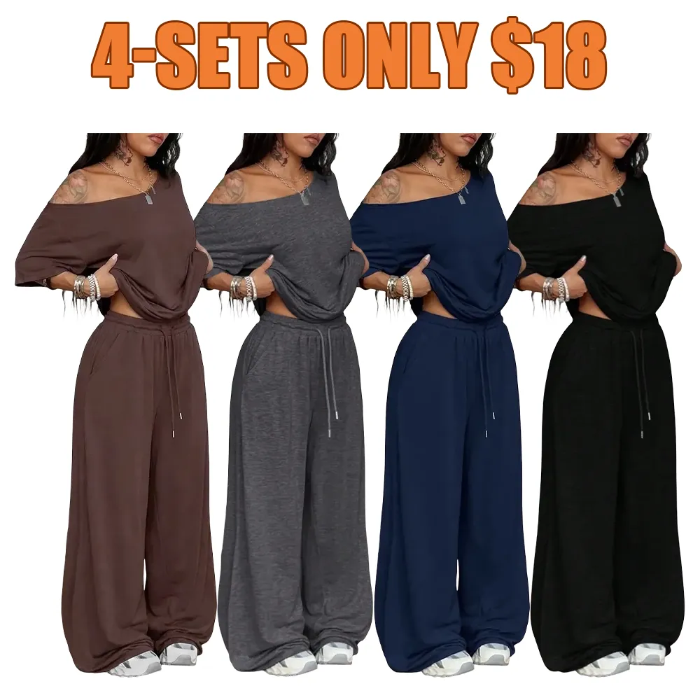 🔥Hot Sale💥Women's Off-Shoulder T-Shirt And Wide-Leg Pants Two-Piece Set🔥8-SETS- All Colors Included