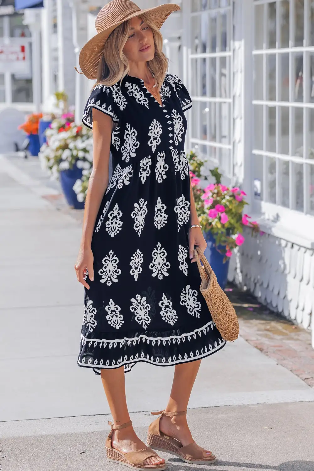 Printed Split Neck Short Sleeve Midi Dress