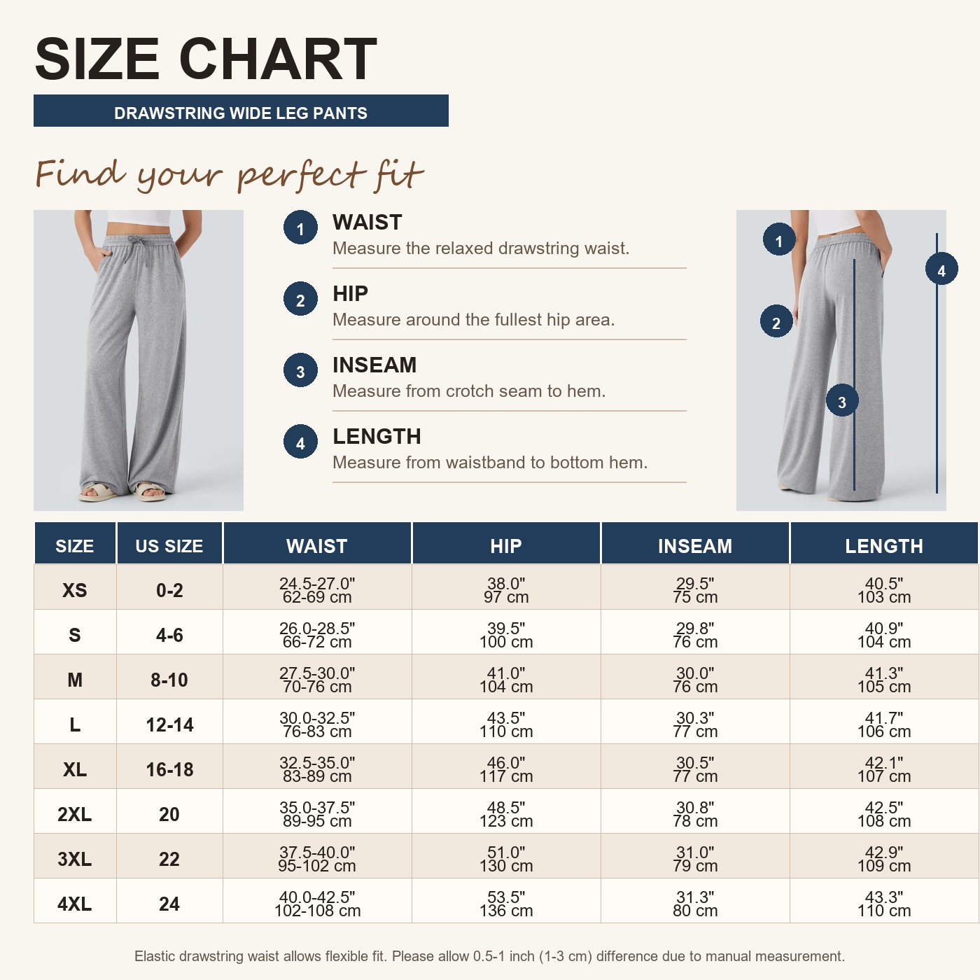 Women's High Waisted Drawstring Wide Leg Casual Pants size chart