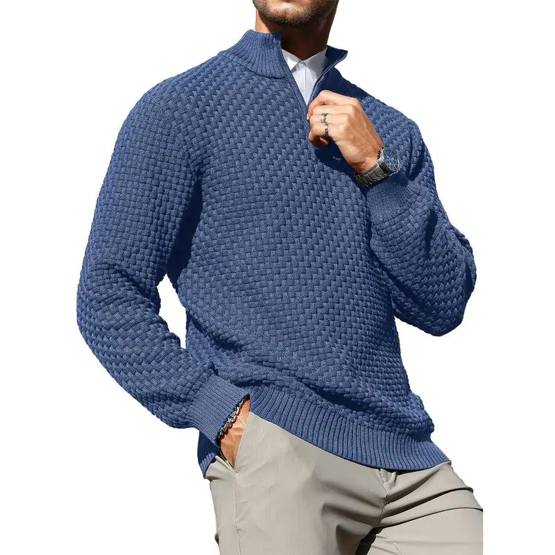 Men's Quarter-Zip Sweater Polo Zip Up Pullover Cable Knit Turtleneck Tops Long Sleeve