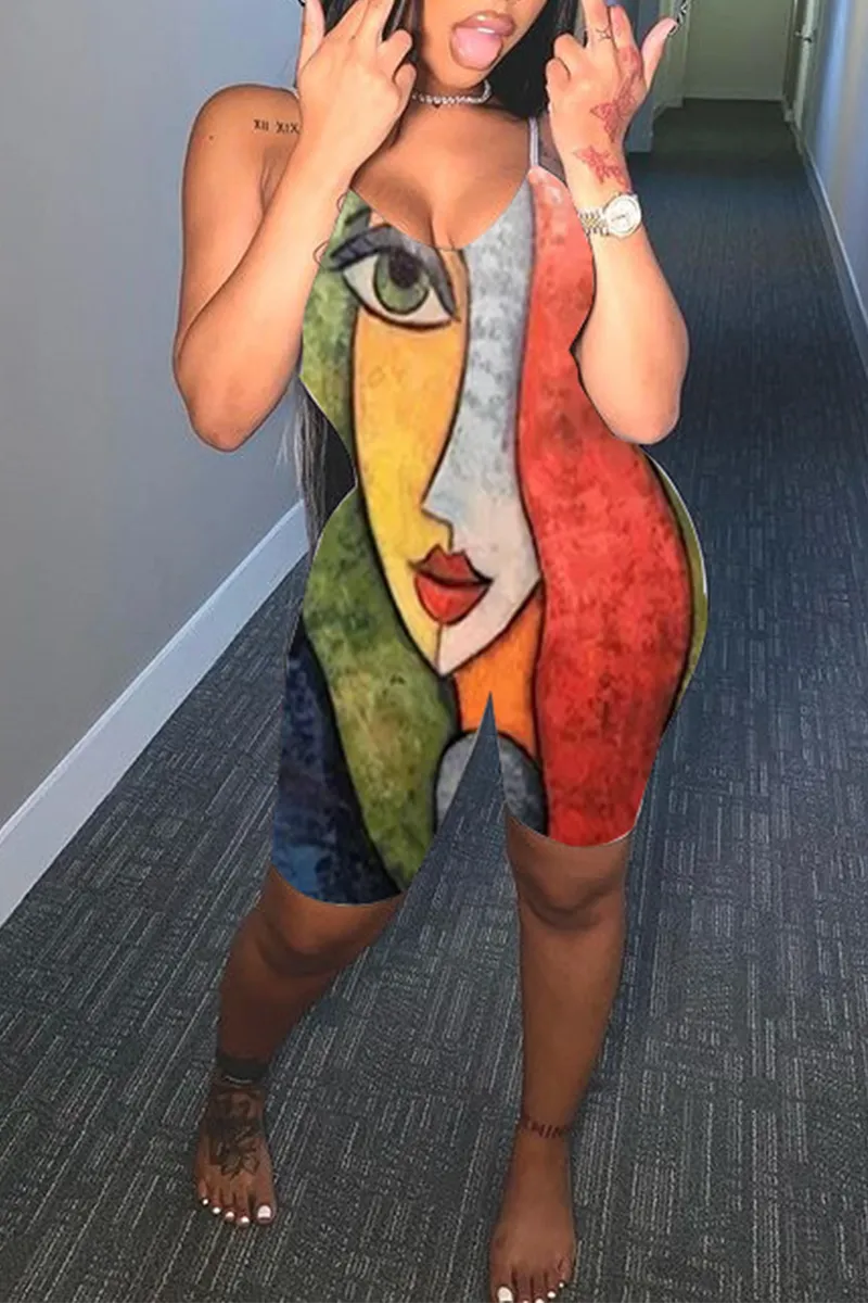 Sexy Print Split Joint V Neck Skinny Jumpsuits