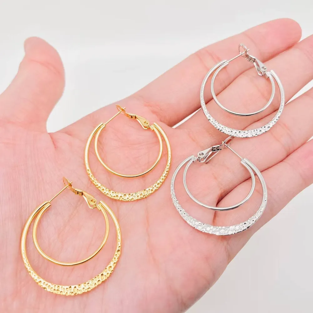 Stainless Steel Double Loop Design Plated Hoop Earrings