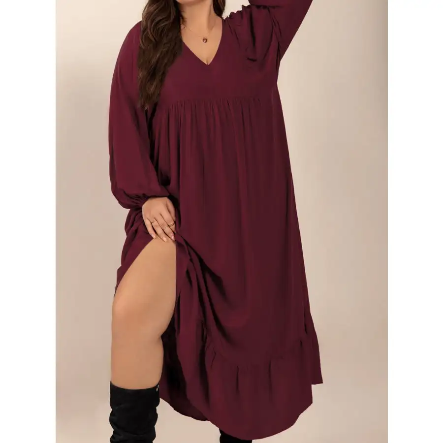 Plus Size Ruffled Hem V Neck Balloon Sleeve Dress
