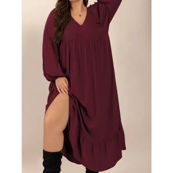 Plus Size Ruffled Hem V Neck Balloon Sleeve Dress