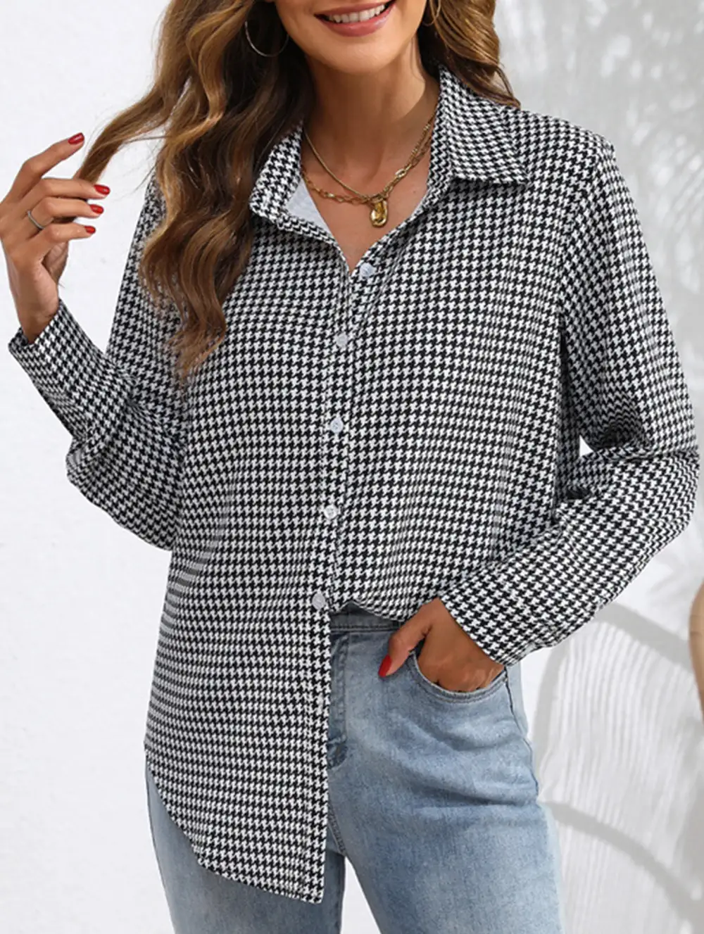 Plaid Loose Shirt with Collar Blouse