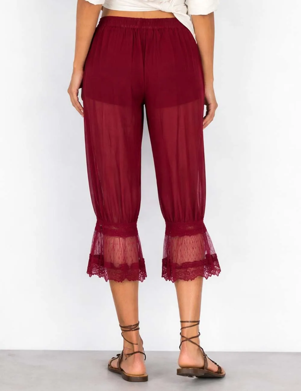 Sheer Lace Trim Bloomer Drawstring Waist Capri Pants