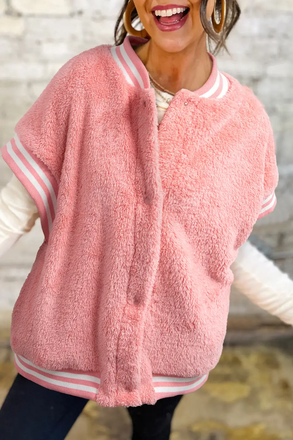 Varsity Striped Banding Patchwork Winter Plush Vest