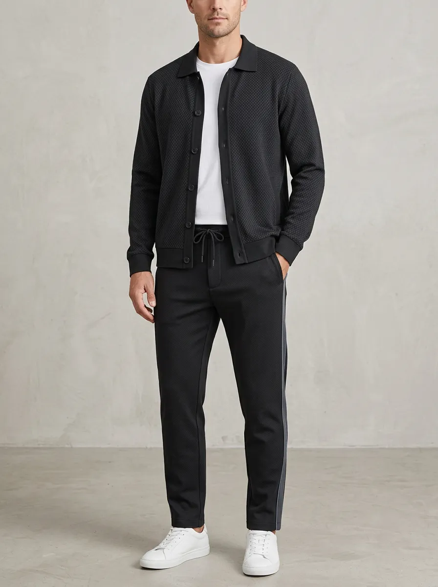 Men's Textured Button Detail Polo Collar Jacket and Jogger Pants Set