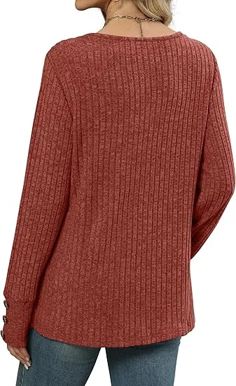 Women's V-Neck Long Sleeve Knit Sweater | Lightweight | Oversized Loose Fit Sweater for Layering