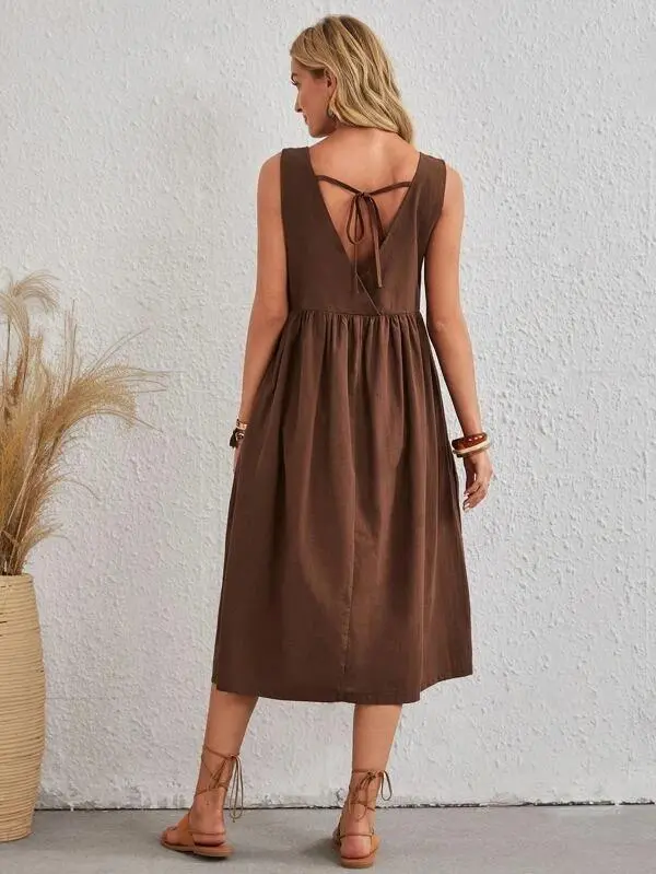 Women Solid Square Neck Tie Back Dress