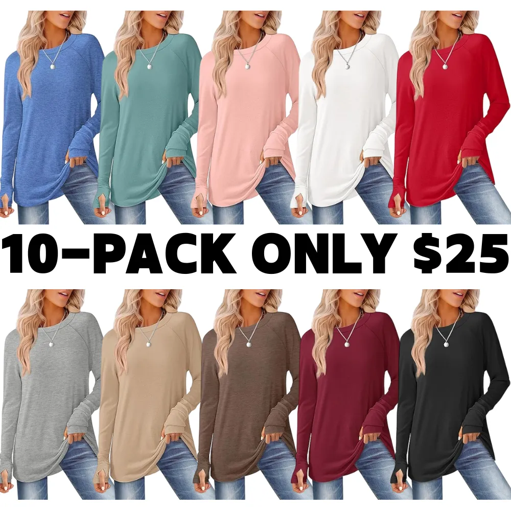 Womens Tunic Tops to Wear with Leggings Long Sleeve Thumb Hole Shirts Crew Neck Curved Hem