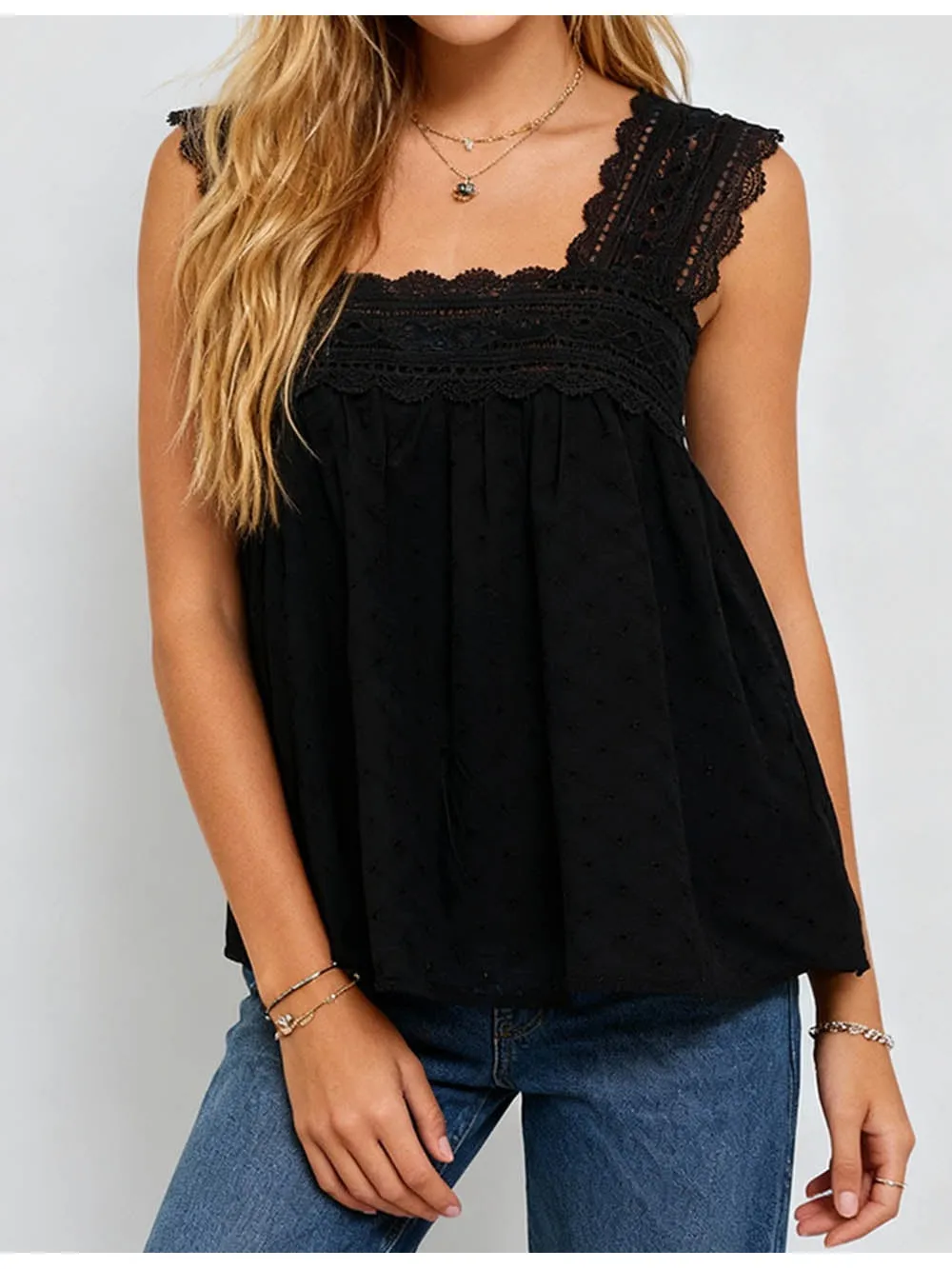 Chic Lace Embroidery Trim Sleeveless Babydoll Top