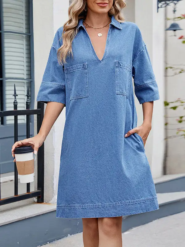 A Line Relaxed Pocket Solid Color Lapel Mini Dress