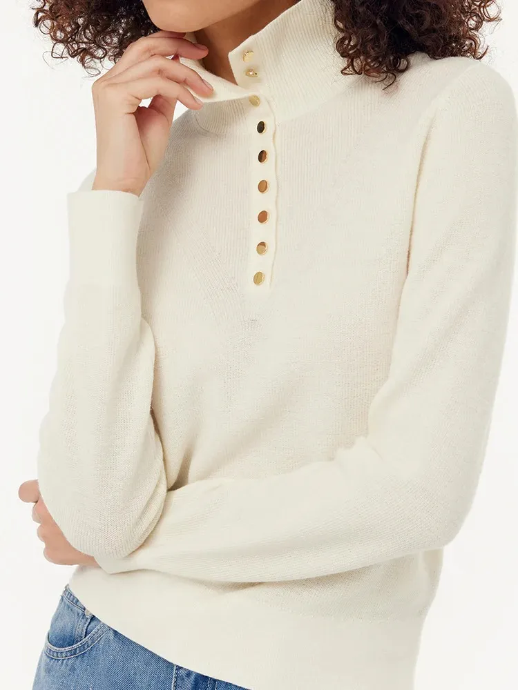 Wool Half Button Turtleneck Women Sweater
