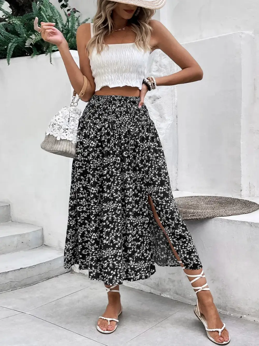 Relaxed Smocked Printed Skirt