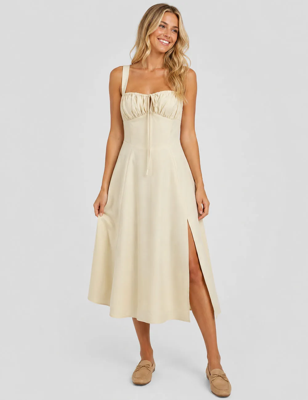 Square Neck Crisscross Lace Up Back Solid Color Midi Dress
