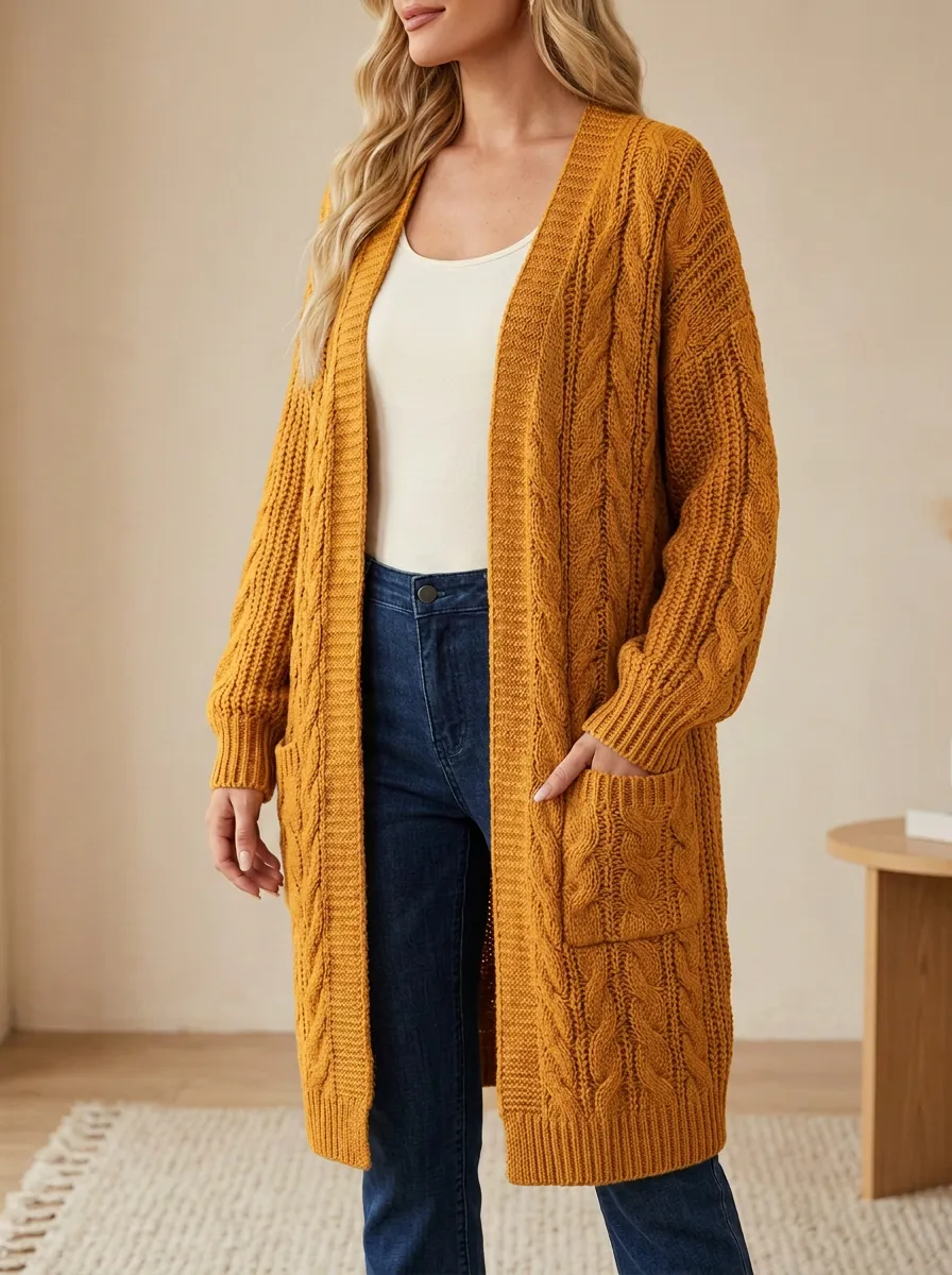 Women's Fall Cable Knit Open-Front Vertical Cable Knit Detailing Throughout Long Cardigan