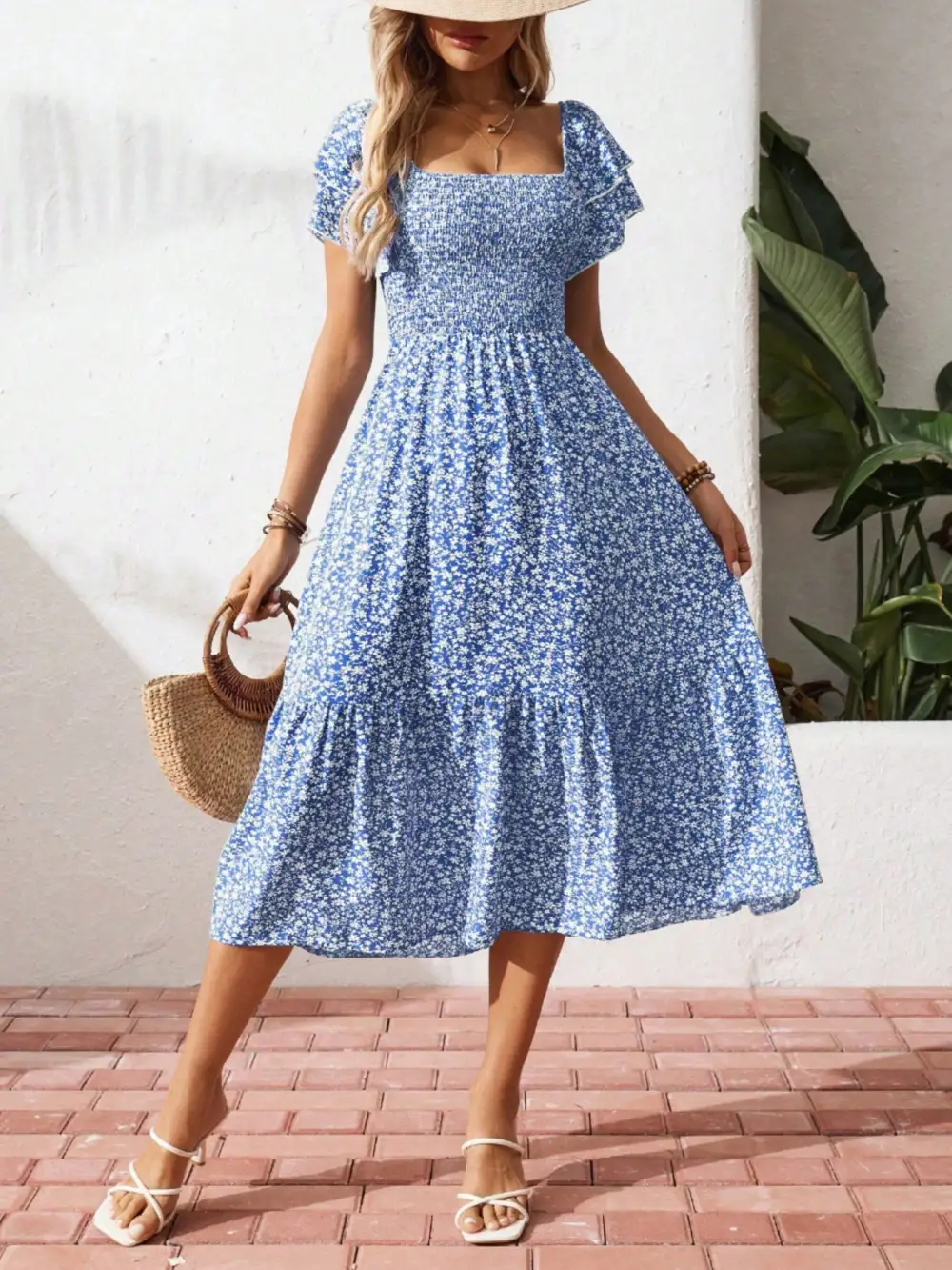 Gathered Detail Floral Printed Ruffle Dress