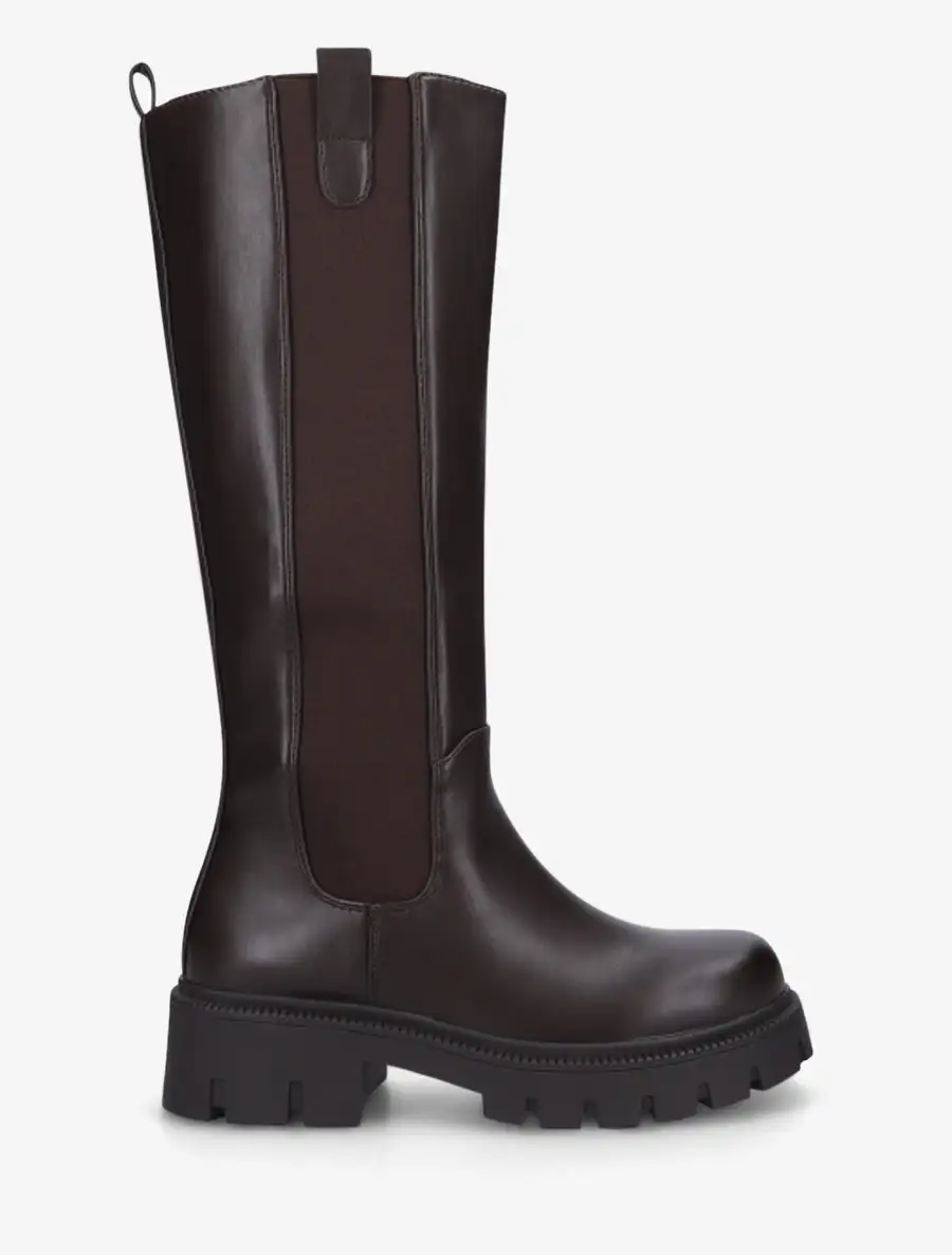 Easy Wear Stretch Panel Block Heel Faux Leather Knee High Boots