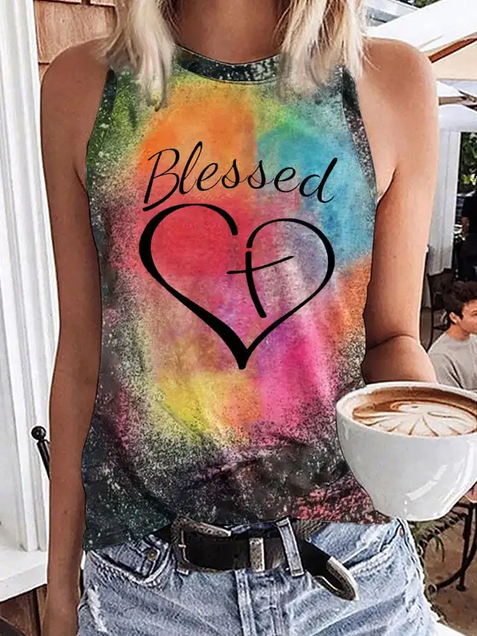 Women's Blessed Tie-Dye Print Casual Tank Top