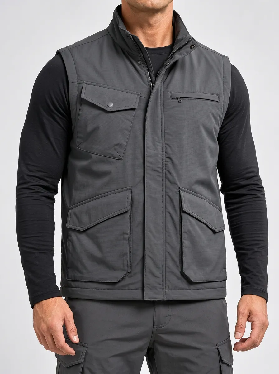 Men's Outdoor-Inspired Utility Pocket Cargo-Style Vest Jacket