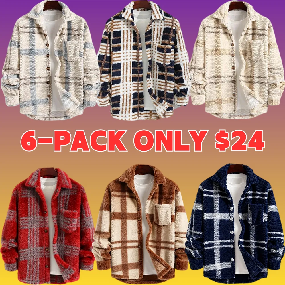 Men's Plaid Print Button Front Fleece Winter Jacket, Casual Comfortable Warmth Regular Fit Long Sleeve Pockets Warm Fleece Material Outerwear for Fall & Winter, Mens Clothing, Men's Clothes for Daily Wear