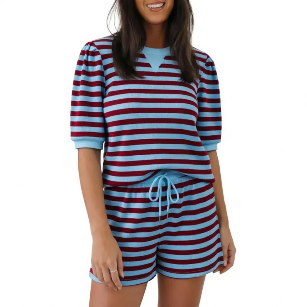 Women's Striped Puff Sleeve Short Sleeve 2‑Piece Set