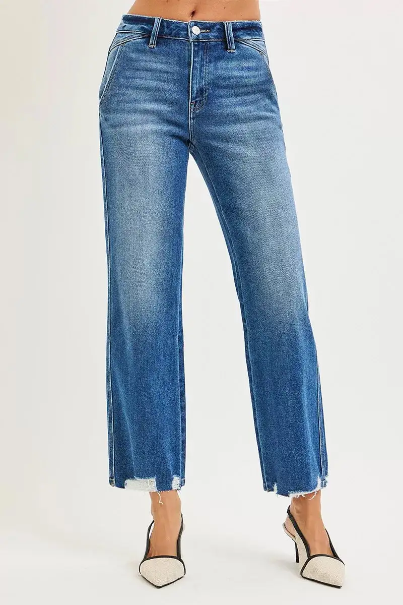 High-Rise Raw-Hem Distressed Washed Straight Leg Jeans