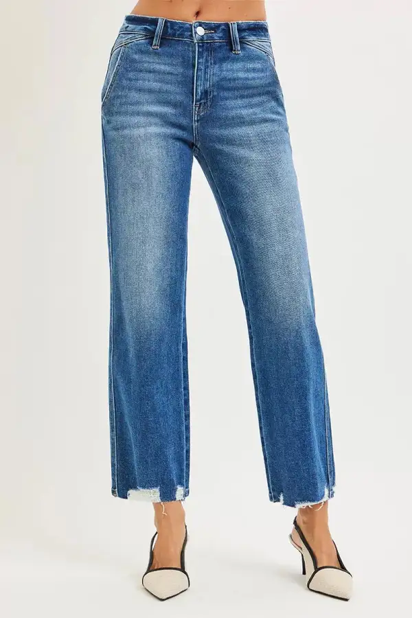 High-Rise Raw-Hem Distressed Washed Straight Leg Jeans