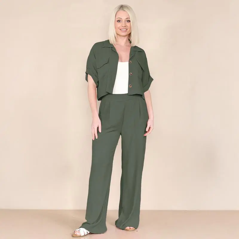 Women's Casual Button Front Flap Pocket Blouse & Wide Leg Trousers Co-ord, Crop Short Sleeve Shirt & High Waist Pants Two-Piece Set