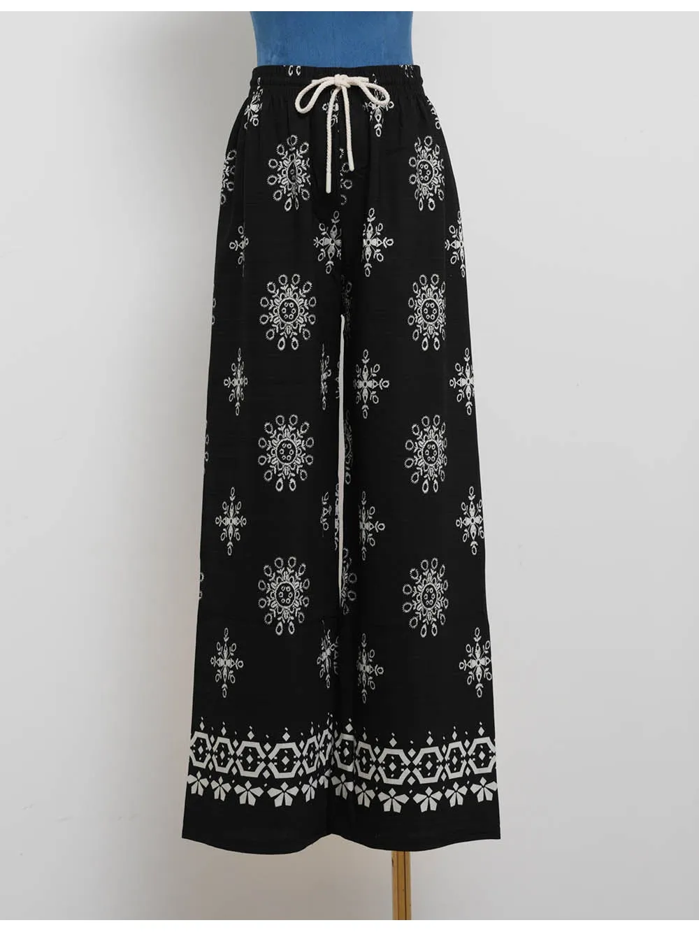 Boho Elastic Waist Lace Up Wide Leg Pants