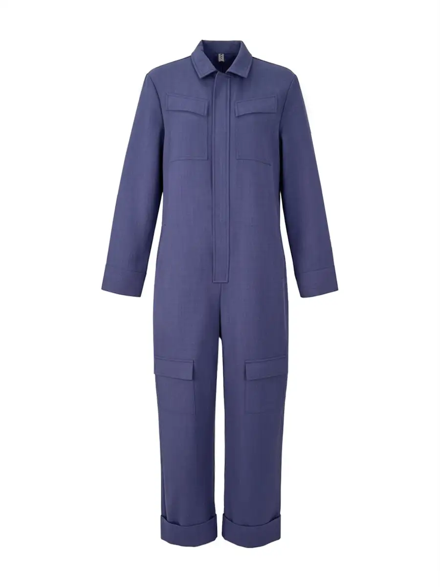 Lange Mouwen Losse Effen Kleur Rits Revers Jumpsuits