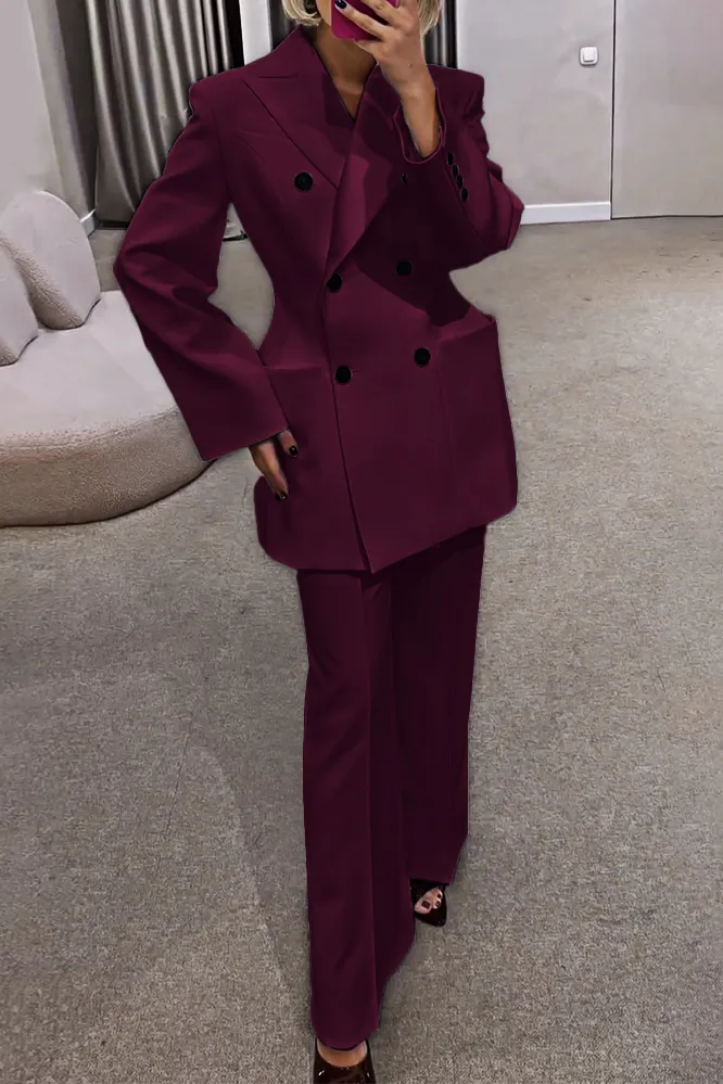 7PACK-Solid Color Collar Jacket and Pants Two Piece Set