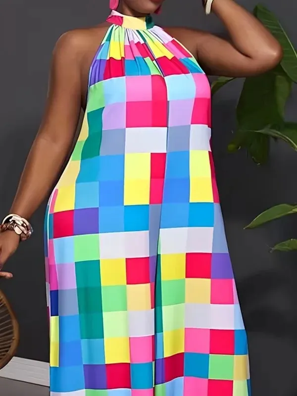 Losse Mouwloze Geruite Geplooide Jumpsuits Met Halternek En