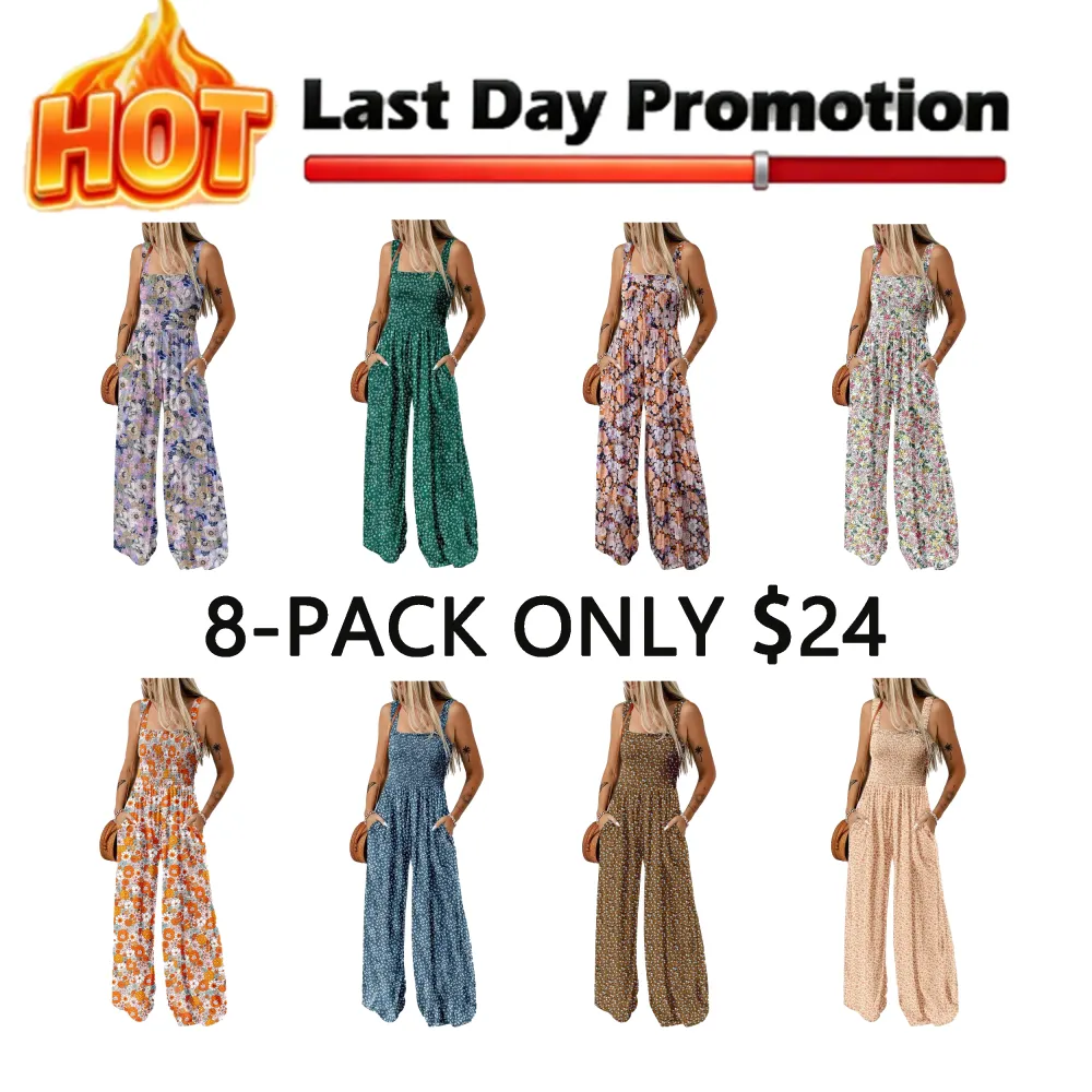 Women's Casual Loose Overalls Jumpsuits One Piece Sleeveless Printed Wide Leg Long Pant Rompers With Pockets Bohemian Womenswear