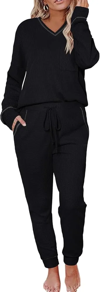 Women's Long Sleeve Knit Loungewear Set Jogger Pants Outfit