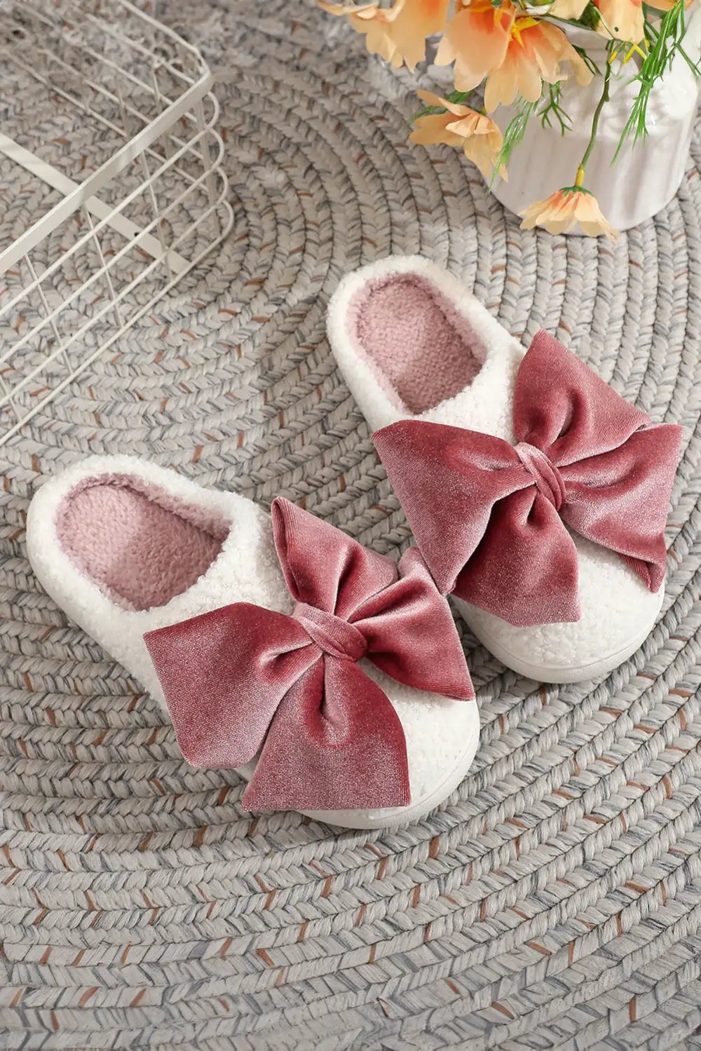 Ribbon Bow Plush House Slippers