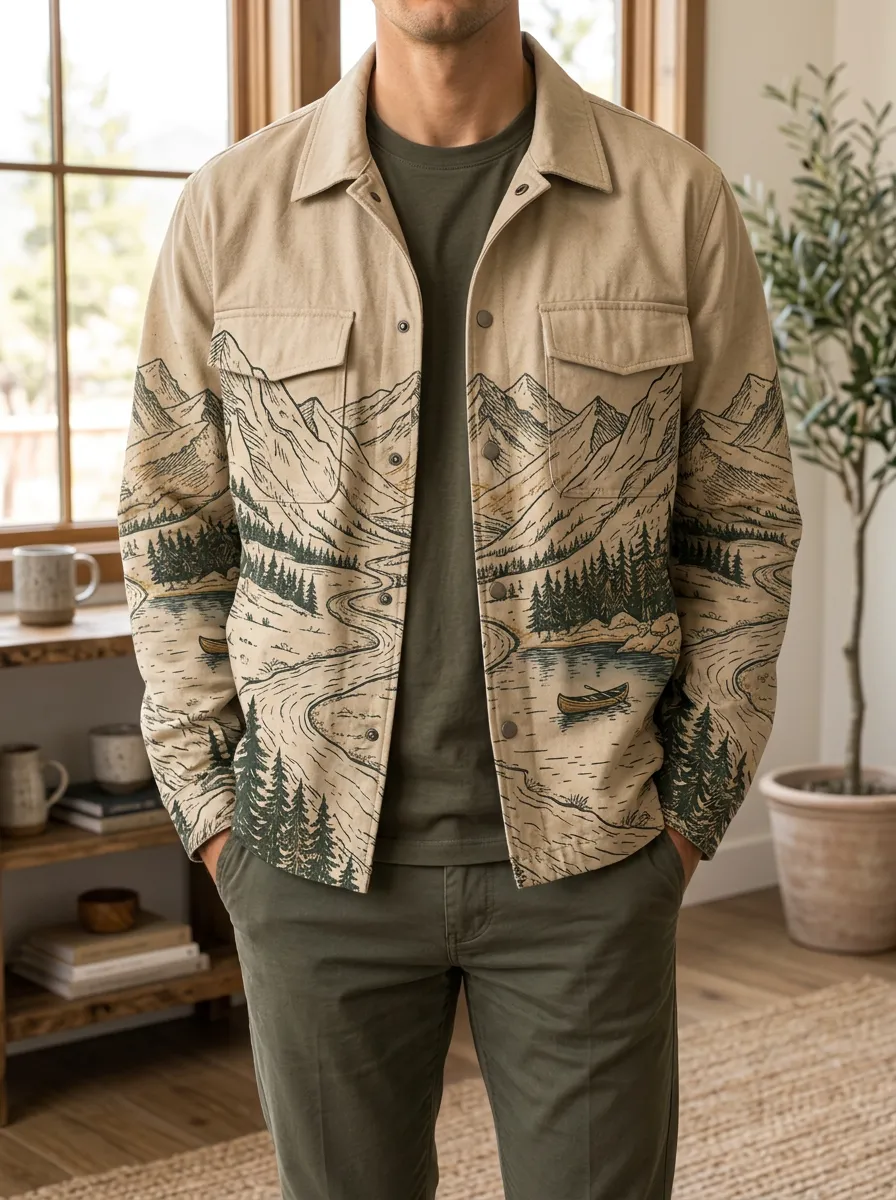 Men's Nature Outdoor Lover Mountain Lake Canoe Printed Jacket
