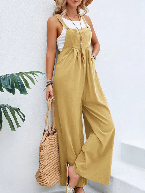 Loose Pleated Split-Joint Spaghetti-Neck Overalls