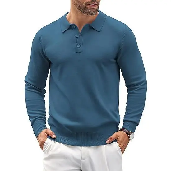 🧵 Men’s Soft Knit Long Sleeve Polo Shirt – Classic Style, Modern Comfort