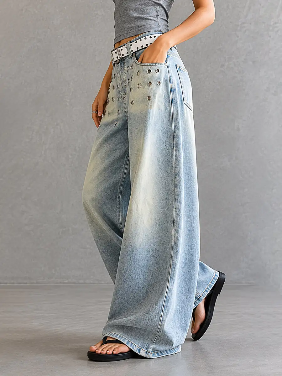 Minimal High Waist Wide Leg Seamed Cutout Detail Buckle Detail Pocket Jeans