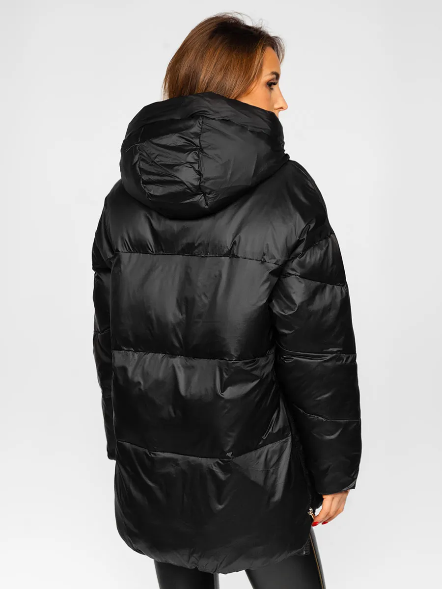 Women's Black Quilted Winter Jacket With Hood