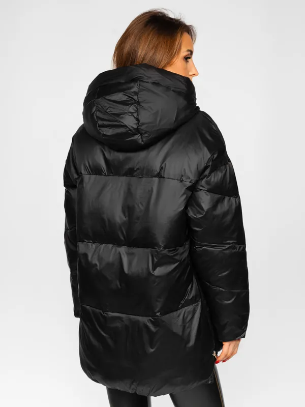 Women's Black Quilted Winter Jacket With Hood