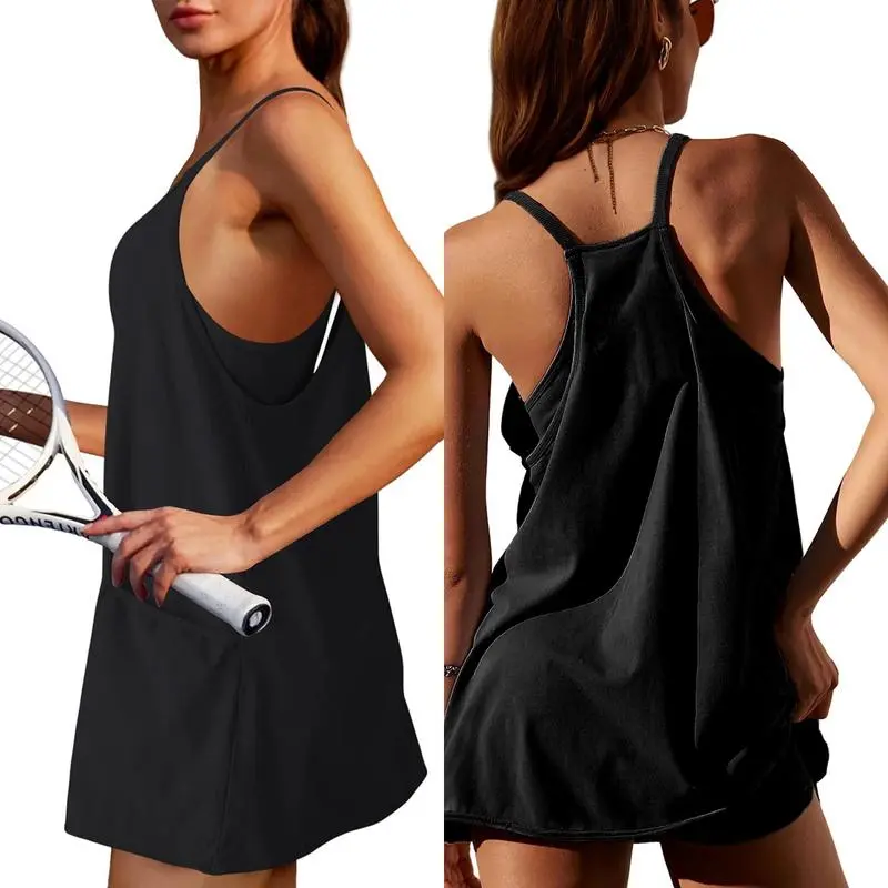 Women'S Womens Athletic Sleeveless Mini Dress With Built-In Shorts V Neck Spaghetti Strap Short Tennis Dress With Pockets