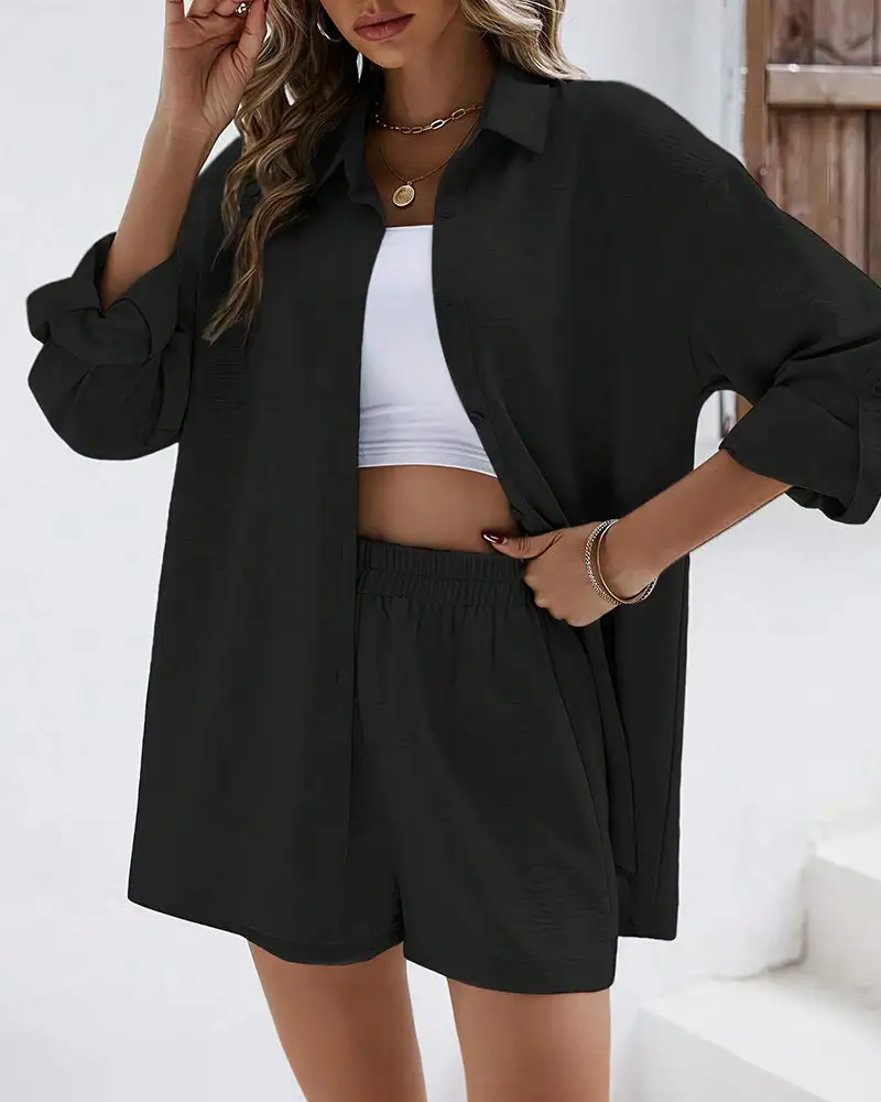 Long Sleeve Button-Down Shirt and High Waist Shorts Casual Two-Piece Set