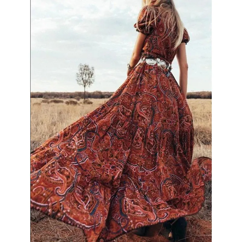 Women's Sexy Printed V Neck Short Sleeve Bohemian Vacation Dress